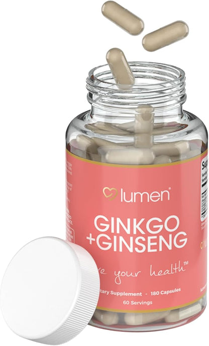 Ginkgo + Ginseng for Women – with Red Asian Ginseng Extract & Ginkgo Powder – 180 Veggie Capsules – 60 Servings – Non-GMO, Vegan & Gluten-Free (180 Count (Pack of 1))
