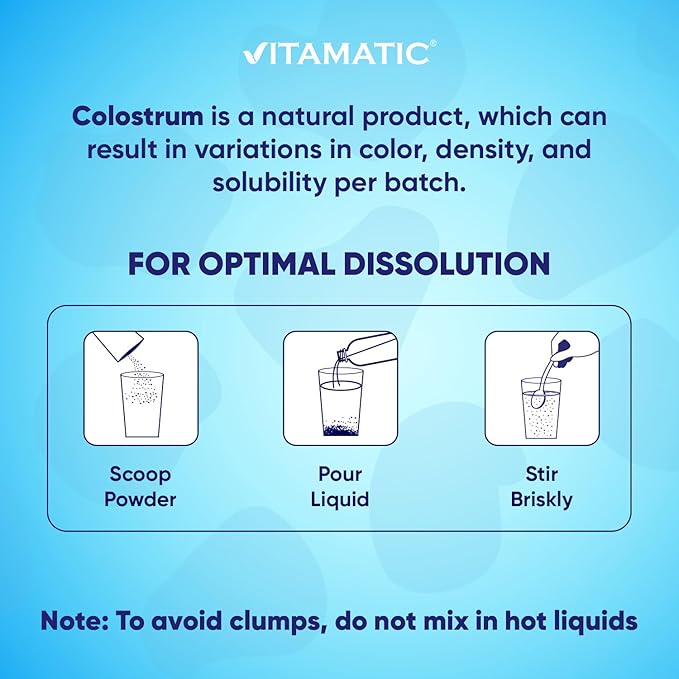 Vitamatic Bovine Colostrum + Collagen Powder - Supplement for Gut Health, Hair Growth, Beauty, Muscle Recovery, & Immune Support - Easy to Mix - Unflavored - 454 Gram, (16 oz)