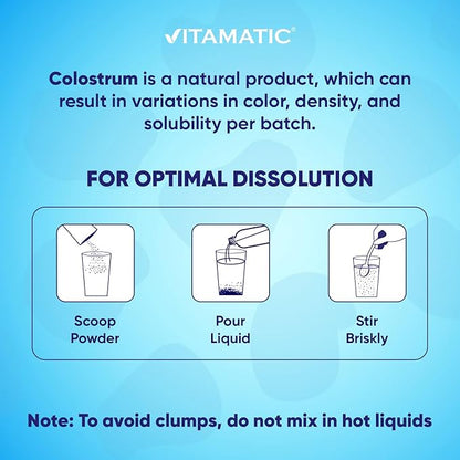 Vitamatic Bovine Colostrum + Collagen Powder - Supplement for Gut Health, Hair Growth, Beauty, Muscle Recovery, & Immune Support - Easy to Mix - Unflavored - 454 Gram, (16 oz)