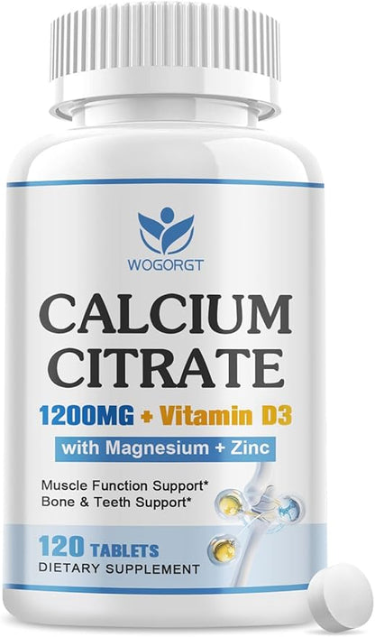 Calcium Citrate 1200mg Supplement with Vitamin D3 for Women and Men - Calcium Magnesium Zinc D3 Supplement for Bone, Teeth, Immune Support, Vegan-Friendly - 120 Tablets