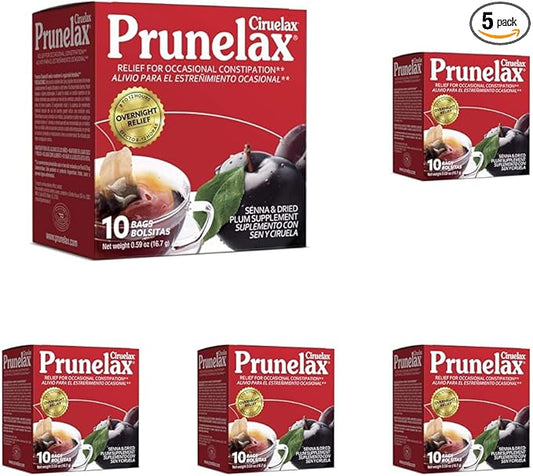 Prunelax Ciruelax Regular Strength Laxative Tea Bags - Made with Natural Senna Extracts, for Occasional Constipation, Senna Extract - 10 Bags (Pack of 5)