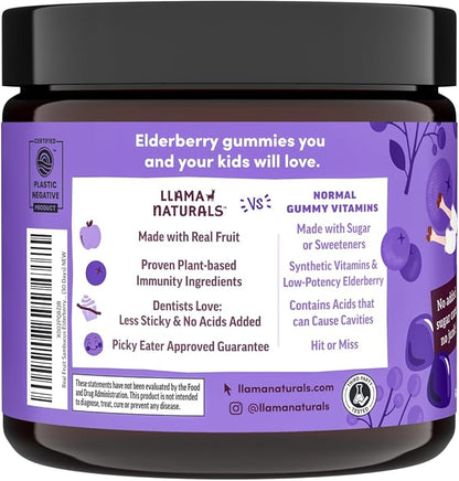 Llama Naturals Elderberry Gummies for Kids, Vegan, Organic Immune Support Supplement with Vitamin C and Zinc, Toddler Real Fruit Gummy Vitamins for Immunity, Chewable, No Added Sugar Cane, 120 Ct
