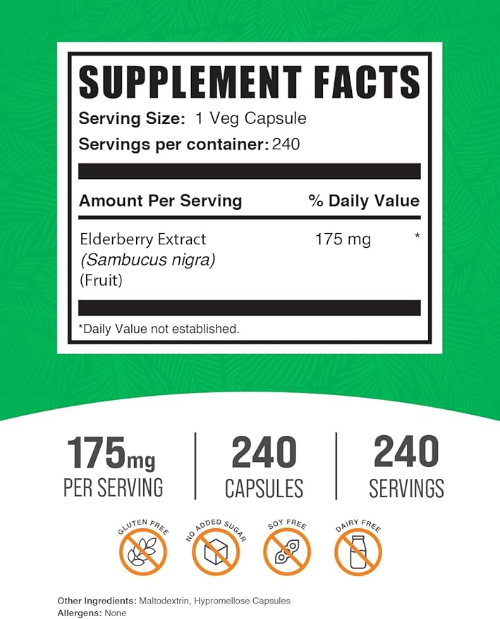 BulkSupplements.com Elderberry Capsules - Sambucus Elderberry Supplements, for Immune Support - Vegan, 1 Capsule per Serving, 240 Veg Capsules (Pack of 1)