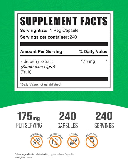 BulkSupplements.com Elderberry Capsules - Sambucus Elderberry Supplements, for Immune Support - Vegan, 1 Capsule per Serving, 240 Veg Capsules (Pack of 1)