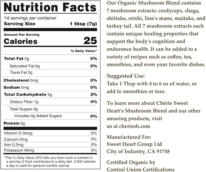 Cherie Sweet Heart 7 Mushroom Extract Powder, USDA Organic, Lion's Mane, Reishi, Cordyceps, Maitake, Shiitake, Turkey Tail, Chaga, Real Mushrooms, No fillers, 3.5oz. (Mushroom Blend, 3.5 Ounce)