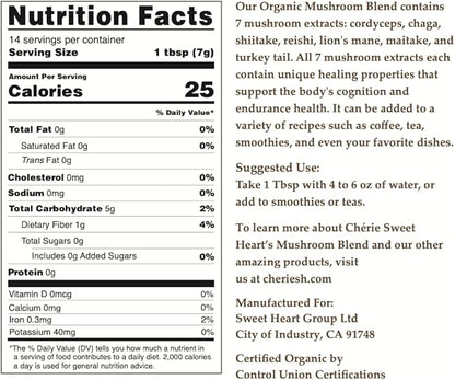 Cherie Sweet Heart 7 Mushroom Extract Powder, USDA Organic, Lion's Mane, Reishi, Cordyceps, Maitake, Shiitake, Turkey Tail, Chaga, Real Mushrooms, No fillers, 3.5oz. (Mushroom Blend, 3.5 Ounce)