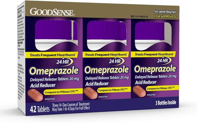 GoodSense Omeprazole Tablets 20 mg 14 Count (3 Pack) and Gaviscon Extra Strength Cherry Chewable Tablets Heartburn Relief 100 Count