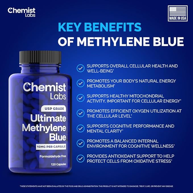 Methylene Blue | 10mg USP Grade Capsules | 120 Count | Pharmaceutical Grade | Cellular & Mitochondrial Support | Formaldehyde Free | Made in USA (120 Capsules)
