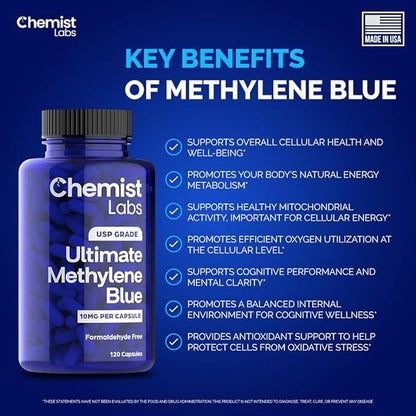 Methylene Blue | 10mg USP Grade Capsules | 120 Count | Pharmaceutical Grade | Cellular & Mitochondrial Support | Formaldehyde Free | Made in USA (120 Capsules)