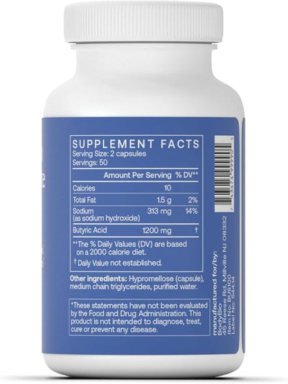 BodyBio Butyrate Supplement - Postbiotic for Gut Microbiome Health, Digestion and Regulation Support - Butyric Acid with Sodium - 100 Capsules