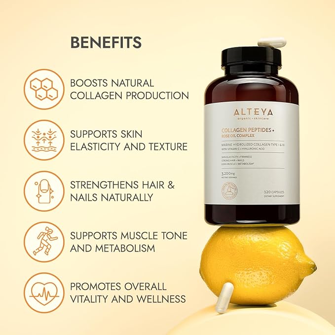 Alteya Organics Collagen Peptides and Rose Oil Complex Dietary Supplement with Marine Hydrolized Collagen Type I & III and Vitamin C + Hyaluronic Acid