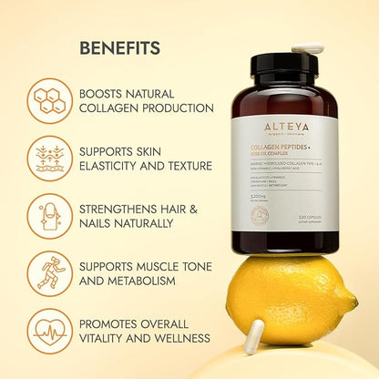 Alteya Organics Collagen Peptides and Rose Oil Complex Dietary Supplement with Marine Hydrolized Collagen Type I & III and Vitamin C + Hyaluronic Acid