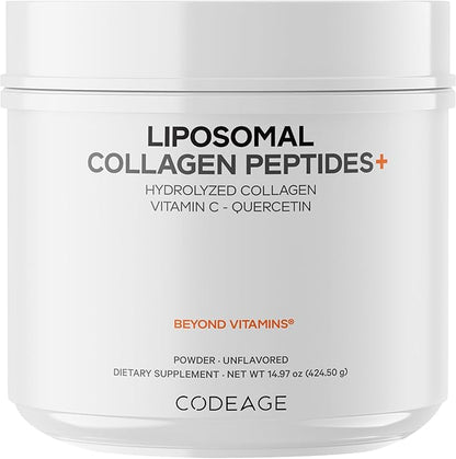 Codeage Liposomal Collagen Peptides Powder + Vitamin C & Quercetin Phytosome, Phospholipid Complex, Grass-Fed Pasture-Raised Hydrolyzed Collagen Type I & III Supplement All-in-One, Non-GMO, 14.97 oz