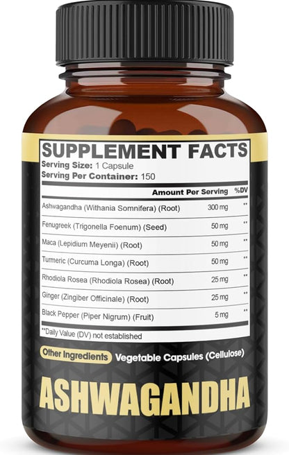 Ashwagandha Extract Capsules 7 Herbal Ingredients 8050 mg - Blended Fenugreek, Maca, Turmeric, Rhodiola, Ginger & Black Pepper - Sleep, Spirit, Immune & Energy Support - 5-Month Supply