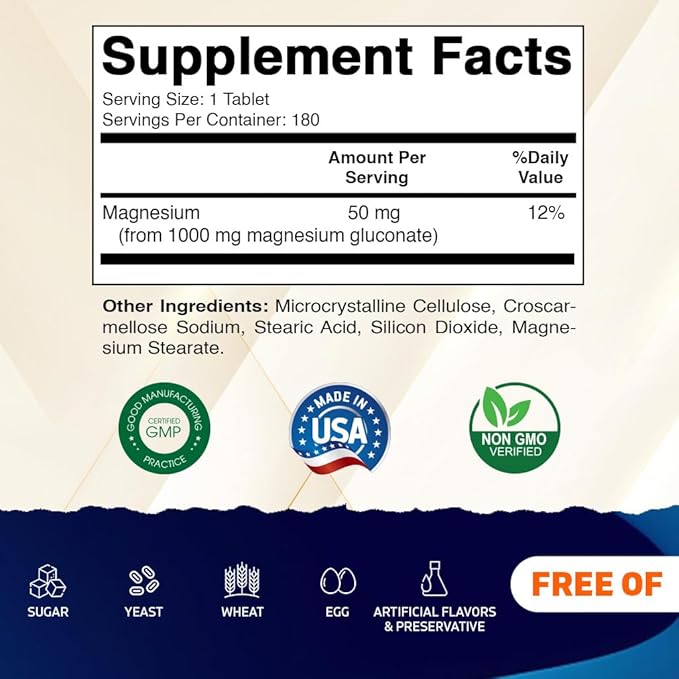Vitamatic Magnesium Gluconate 1000 mg - 180 Vegetarian Tablets (Uncoated) - Supports Muscle, Nerve, and Heart Health*