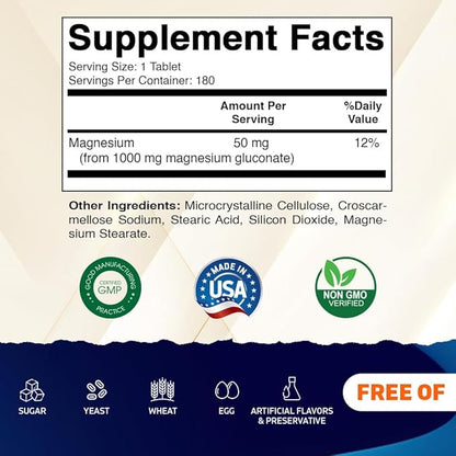 Vitamatic Magnesium Gluconate 1000 mg - 180 Vegetarian Tablets (Uncoated) - Supports Muscle, Nerve, and Heart Health*