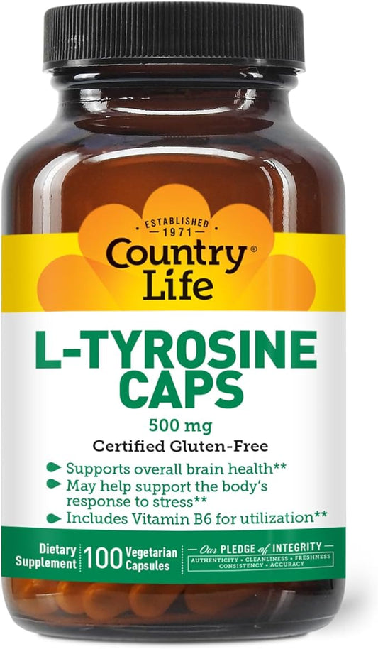 Country Life L-Tyrosine 500mg with Vitamin B6 Supplement - Certified Gluten-Free, Vegetarian, Kosher, Boosts Focus & Energy, Supports Brain Health, Enhances Mental Clarity, Non-GMO - 100 Capsules