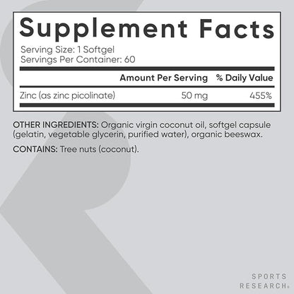 Sports Research Zinc Picolinate 50mg with Organic Coconut Oil | Highly Absorbable Zinc Supplement for Healthy Immune Function - Non-GMO Verified, Gluten & Soy Free (60 Liquid Softgels)