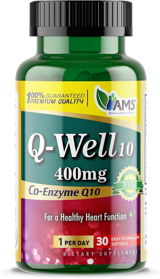America Medic & Science Q-Well-10 (30 Pieces) | CoQ10 400mg Softgels | Nutritional Supplement with Coenzyme Q10 and Vitamin E | High Absorption Antioxidant for Enhanced Wellness and Heart Health