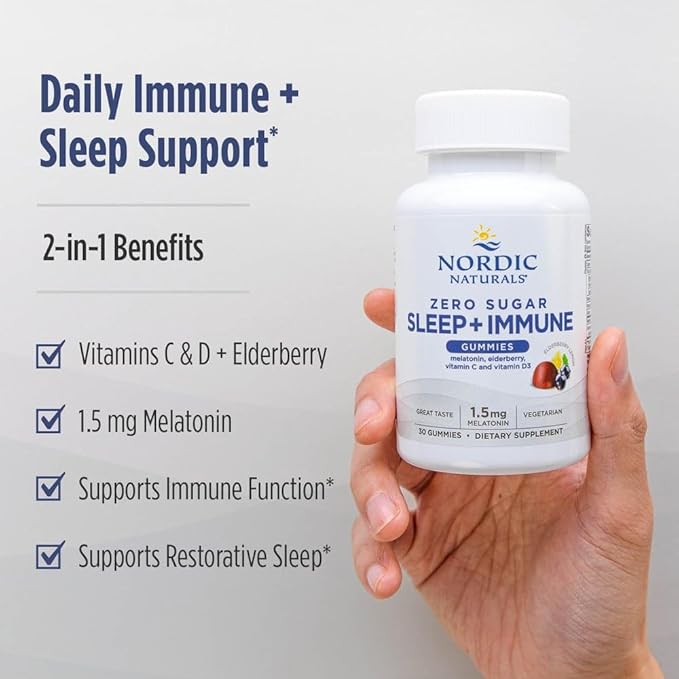 Nordic Naturals Zero Sugar Sleep + Immune Gummies - Elderberry Lemon Flavor - 30 Gummies - 1.5 mg Melatonin for Sleep with Vitamin D3 - Elderberry & Vitamin C Immune Support - 30 Servings