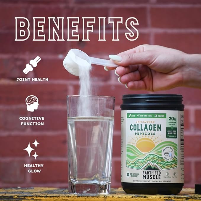 Earth Fed Muscle Unflavored Collagen Peptides Powder - 20g Protein Per Serving - Supports Hair, Skin, Nails, Joints & Recovery - Sugar-Free, Soy-Free, Gluten-Free, Paleo & Keto Friendly