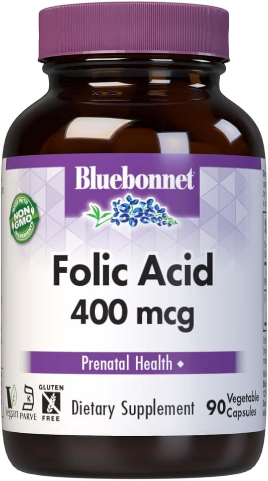 Bluebonnet Nutrition Folic Acid 400 mcg, Prenatal & Postnatal Health*, Non-GMO, Vegan, Kosher Certified, Gluten-Free, Soy-Free, Dairy-Free, 90 Vegetable Capsules, 90 Servings
