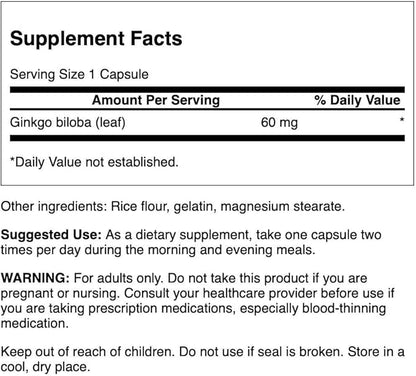 Swanson Full-Spectrum Ginkgo Leaf Brain Memory Support Nervous System Health 60 Milligrams 120 Capsules