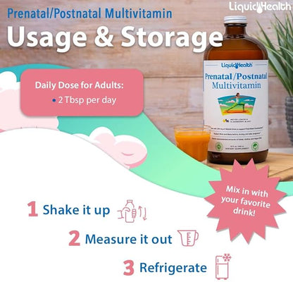 LIQUIDHEALTH Prenatal/Postnatal Multiple Liquid Women's Multivitamin with Real Folate - Pre & Postnatal Vitamins for Before, During, After Pregnancy - Made in USA, Vegan, Sugar-Free, Non-GMO (32 oz)