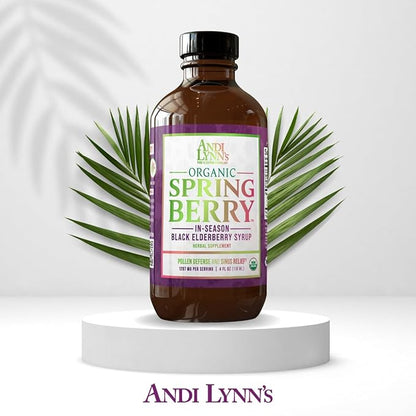 Andi Lynn’s SpringBerry, Organic Black Elderberry Syrup, Pollen Defense & Sinus Relief for Seasonal Allergies, Herbal Immune Support Supplement for Kids & Adults, 4 oz