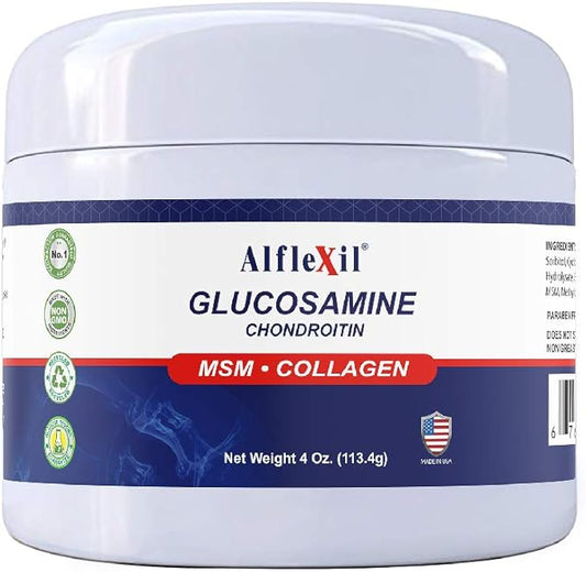 ALFA VITAMINS Alflexil Glucosamine Plus Chondroitin Cream with MSM & Collagen, Supports Healthy Joints, Joint & Muscle Pain Relief, Improves Mobility, Fast Absorption, and Moisturizes Skin, 4 Oz.