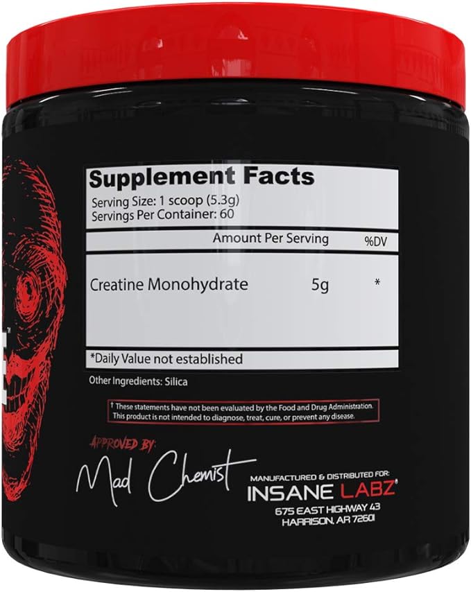 Insane Labz Insane Creatine Monohydrate Powder - Unflavored, Pre Workout, Post Workout, Strength Size Power, 60 Servings