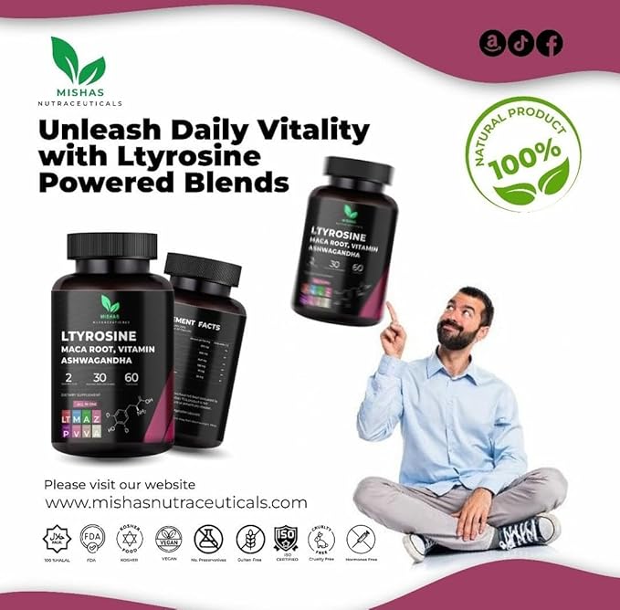 Nutraceuticals L-Tyrosine with Maca Root, Ashwagandha, Vitamins Complex, 60 Capsules, 30 Servings