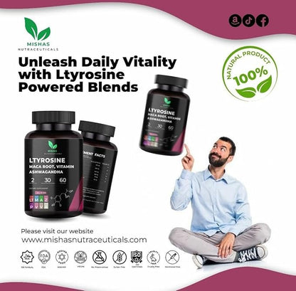 Nutraceuticals L-Tyrosine with Maca Root, Ashwagandha, Vitamins Complex, 60 Capsules, 30 Servings