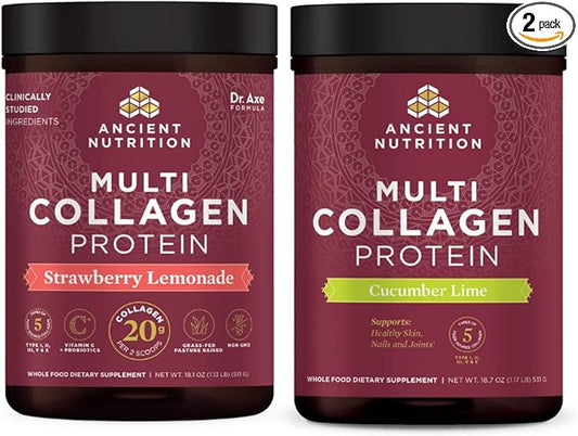 Ancient Nutrition Multi Collagen Protein Powder, Strawberry Lemonade, 45 Servings + Multi Collagen Protein Powder, Cucumber Lime, 45 Servings
