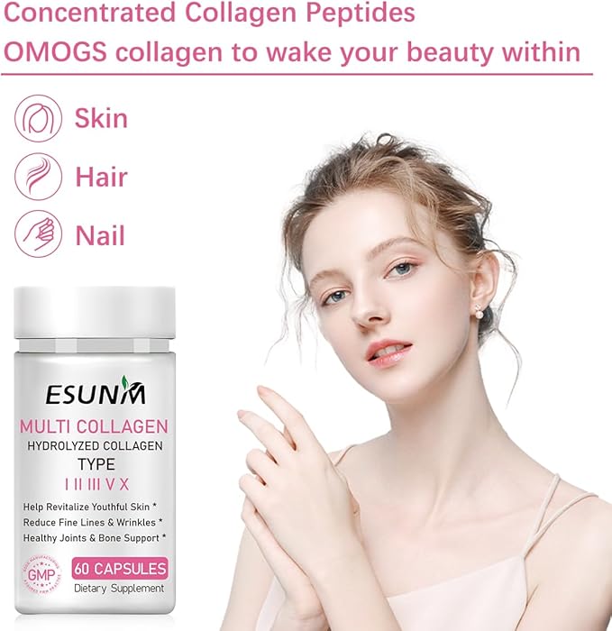 Multi Collagen Capsules for Women & Men - Type I, II, III, V, X - Hydrolyzed Collagen Supplements with Biotin, Vitamin C for Hair, Skin, Nail & Joint Support, 60 Capsules,30 Servings