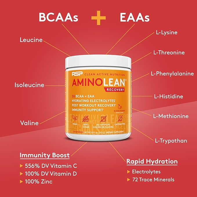 RSP AminoLean Recovery - Post Workout BCAAs Amino Acids Supplement + Electrolytes, BCAAs and EAAs for Hydration Boost, Immunity Support - Muscle Recovery Drink, Vegan Aminos, Blood Orange…