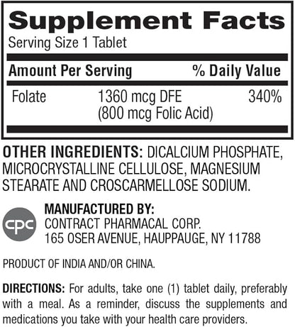 Earth's Splendor Folic Acid 800 mcg Dietary Supplement, Supports Heart Health, Supports Women's Reproductive Health, Smooth Coated Tablets (800 mcg, 200 Tablets, Pack of 2)
