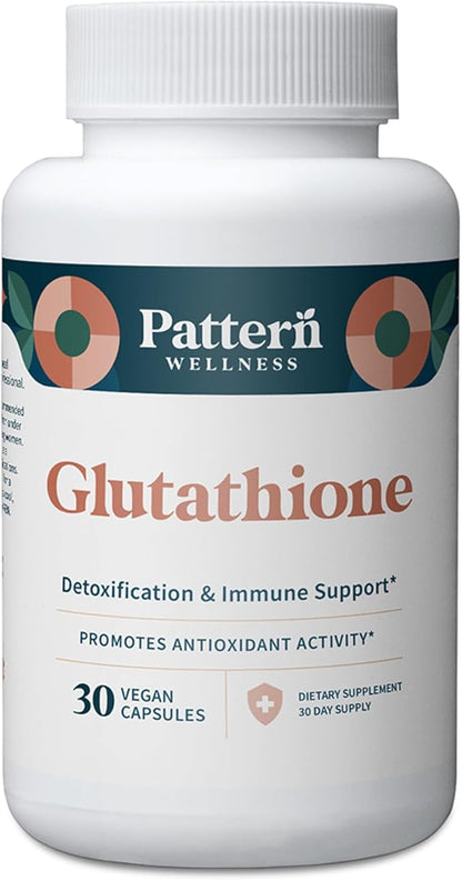 Pattern Wellness Glutathione Supplement - Active Reduced Glutathione Formula with Added Vitamin C - Cell, Antioxidant, + Immune Health Support - 30 Vegan Capsules