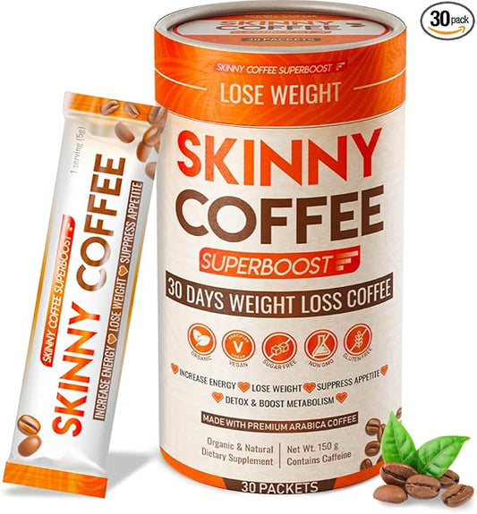 Skinny Coffee Super Boost Weight Loss Coffee, Fat Burners for Men & Women, Sugar-Free, Keto, Vegan, Reduces Bloating, Supports Energy & Metabolism, Appetite Suppressant for Weight Loss (30 Packs)