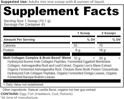 Ancient Nutrition Collagen Powder Protein, Multi Collagen Protein, Hydrolyzed Collagen Peptides Supports Skin and Nails, Joint Supplement (Brain Boost, 45 Servings)