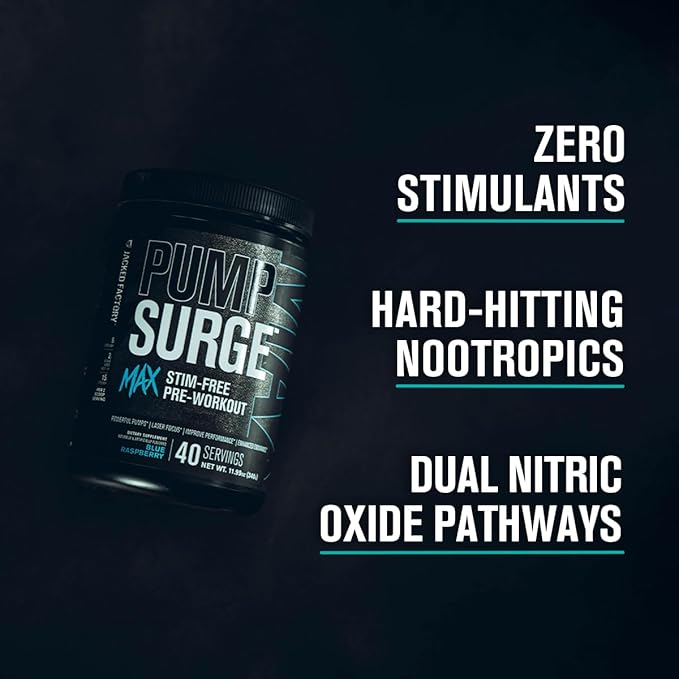 Jacked Factory Pumpsurge Max Stim Free Pre Workout - High-Performance Caffeine Free Pre Workout with L-Citrulline, N03-T Arginine Nitrate & Glutathione - 40 Servings, Cherry Limeade