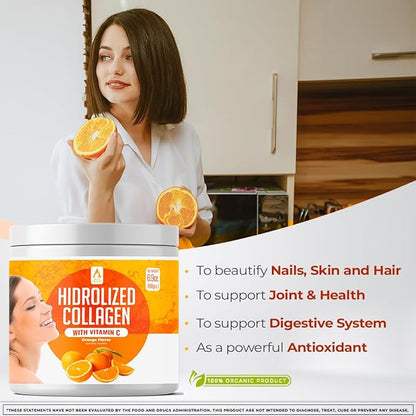 Hydrolyzed Collagen Powder Supplement | Promotes Hair, Nail, Skin, Bone, Joint Health, Gut Health | Hydrolyzed Grass Fed Collagen Peptides |Collagen for Women | 200gr (Orange)