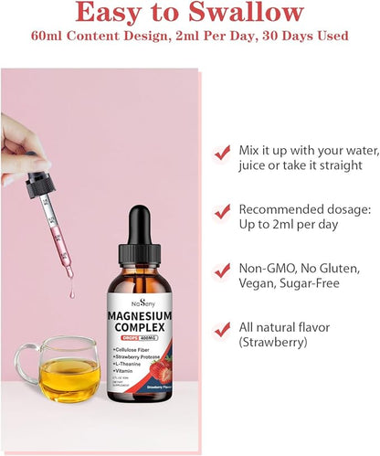 Liquid Magnesium Glycinate 400mg, Kids Magnesium Complex Drops with Vitamin B C D for Bone Health,Relaxation and Sleep Non GMO Gluten Free (2 Fl Oz/1PCS)