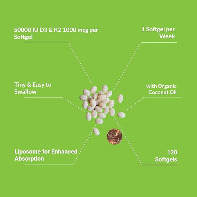 UpNourish Liposomal Vitamin D3 50000 IU (Vitamina D3 de 50000) with 1000 mcg Vitamin K, High Dose Vitamin D3 K2, Vitamin D 50000 IU with K1, K2 MK-4 and MK-7, 120 Mini Softgels