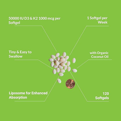 UpNourish Liposomal Vitamin D3 50000 IU (Vitamina D3 de 50000) with 1000 mcg Vitamin K, High Dose Vitamin D3 K2, Vitamin D 50000 IU with K1, K2 MK-4 and MK-7, 120 Mini Softgels