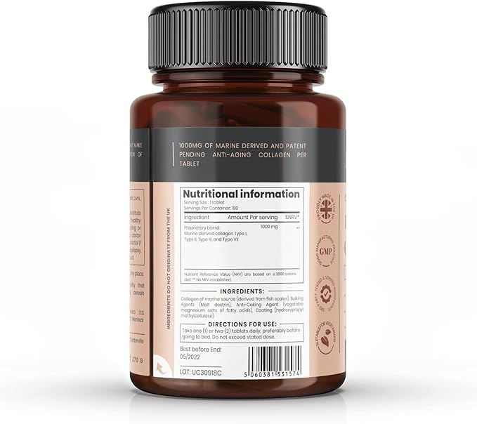 pureclinica UltraColl Marine Collagen 1000mg x 720 Tablets (4 Bottles of 180 Tablets - 1 Years Supply). The only Patented Anti-Aging Collagen Types I, II, III, and VII
