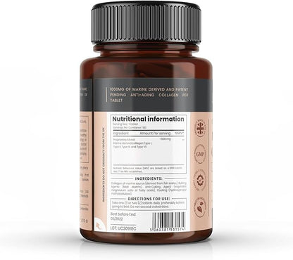 pureclinica UltraColl Marine Collagen 1000mg x 720 Tablets (4 Bottles of 180 Tablets - 1 Years Supply). The only Patented Anti-Aging Collagen Types I, II, III, and VII