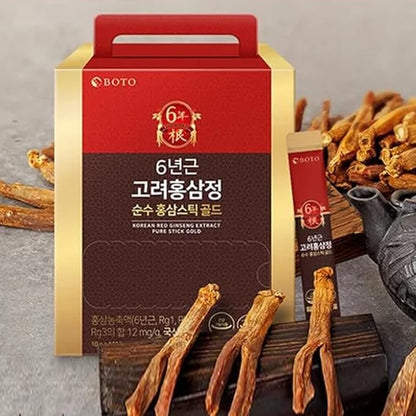 BOTO 6 Years Korean Red Ginseng Gold Extract Natural Energy Supplements Nitric Oxide Brain Natural Immune Support Liquid Portable Sticks 30 Sachet for 1 Month