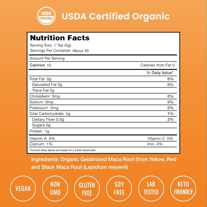 Organic Maca Powder - Peruvian Grown Maca Blend with Yellow, Black & Red Roots - Gelatinized for Superior Bioavailability - Natural, Vegan & Non-GMO, 8oz
