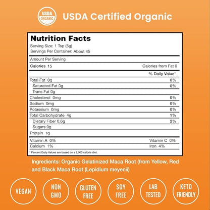 Organic Maca Powder - Peruvian Grown Maca Blend with Yellow, Black & Red Roots - Gelatinized for Superior Bioavailability - Natural, Vegan & Non-GMO, 8oz